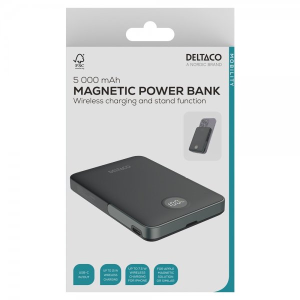 Deltaco MagSafe Powerbank med Stativ 5000 mAh 20W Svart