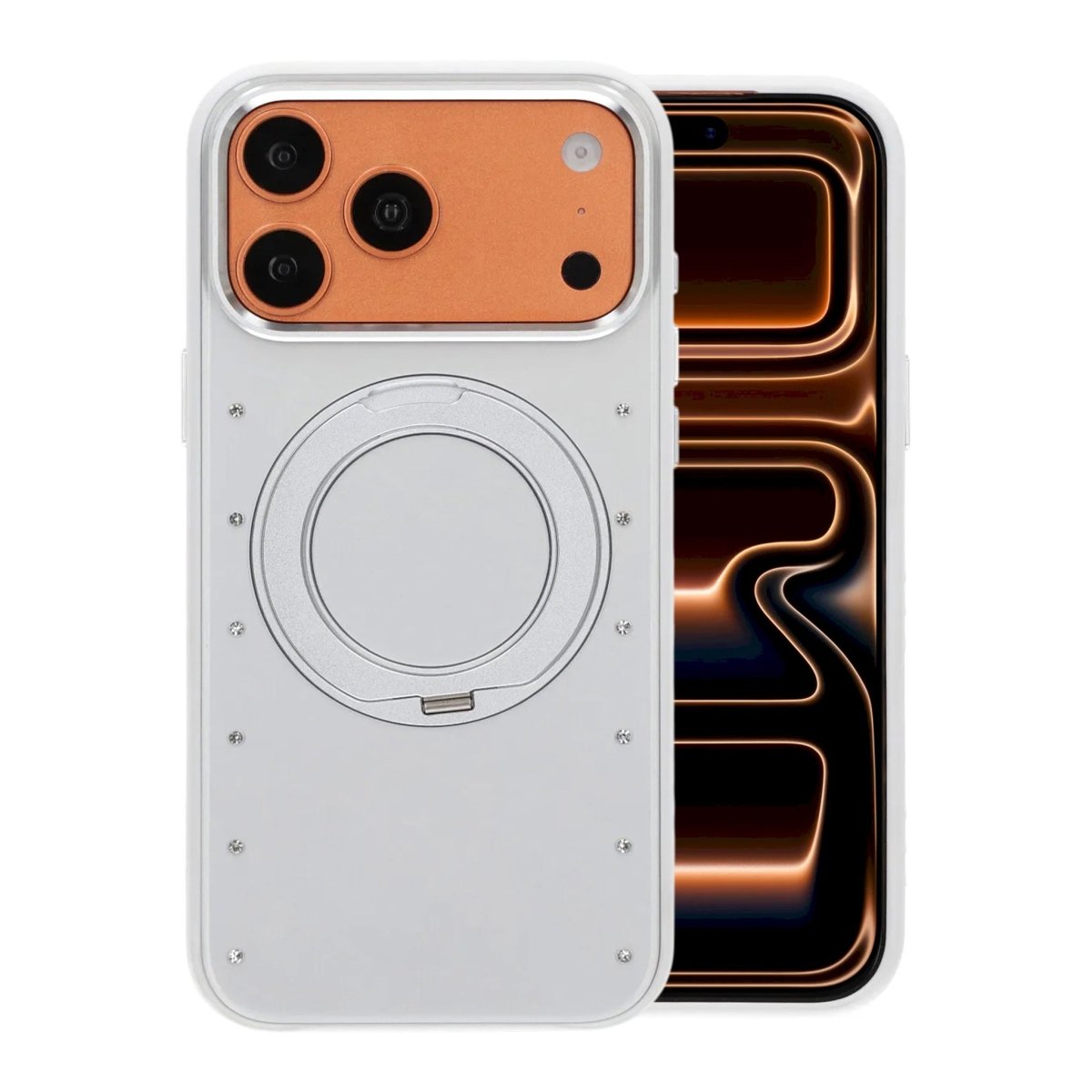 iPhone 17 Pro Max/iPhone 18 Pro Max Deksel med MagSafe-stativ og strass Hvit
