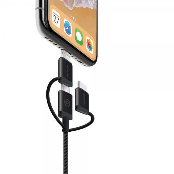 ALOGIC 3-i-1 Kabel Micro USB/Lightning/USB-C 30cm Svart