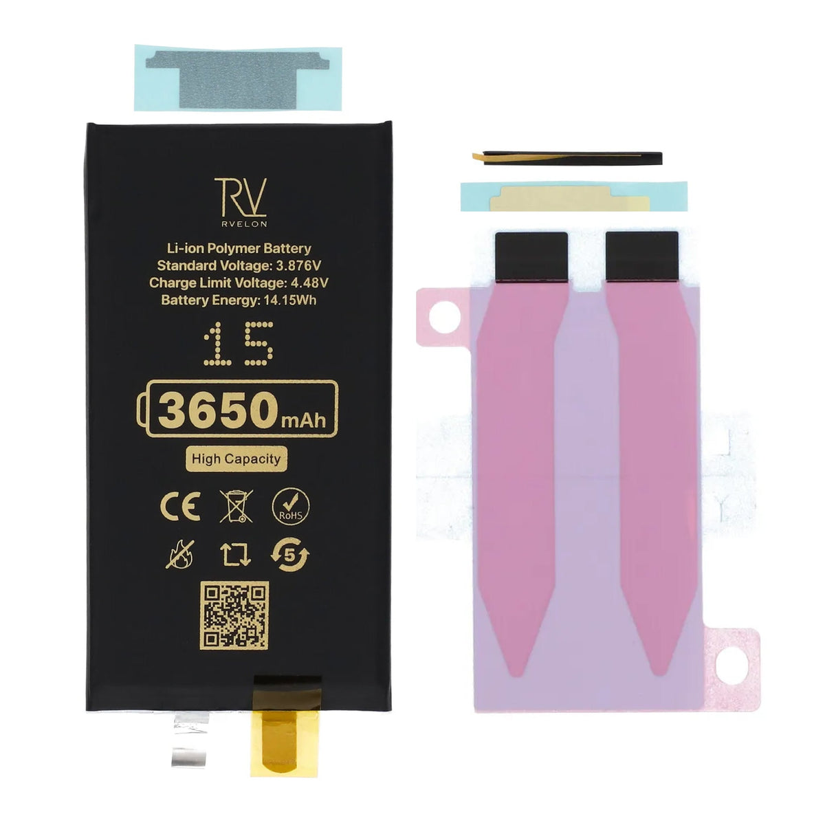 Rvelon Batteri til iPhone 15 3650mAh uten flexkabel