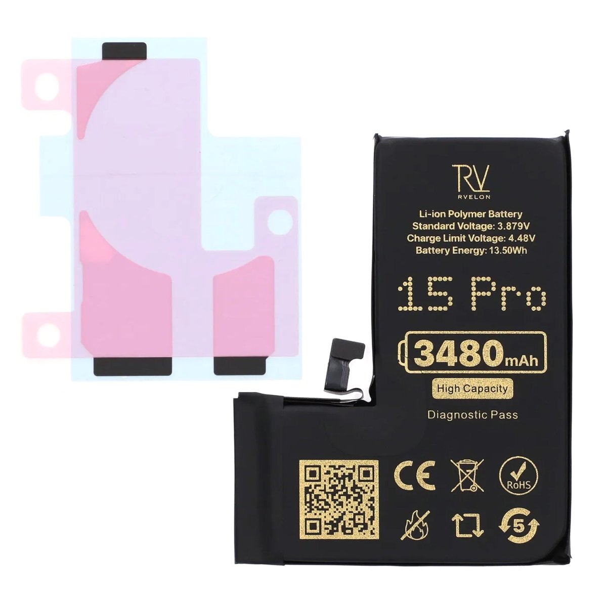 Rvelon Batteri for iPhone 15 Pro – 3480 mAh høy kapasitet