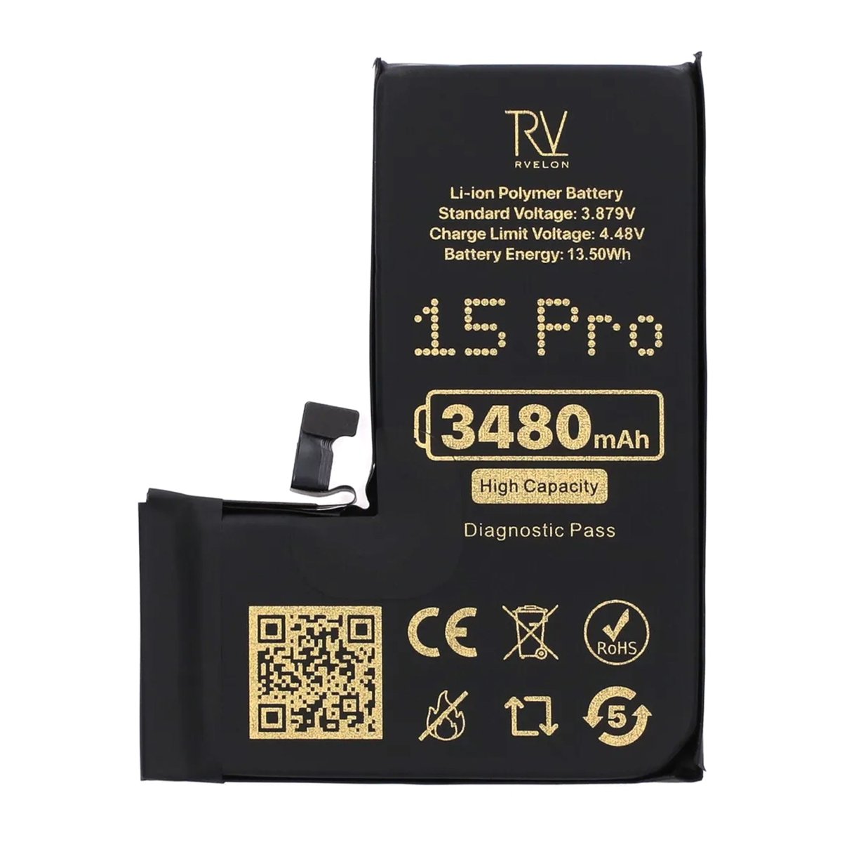 Rvelon Batteri for iPhone 15 Pro – 3480 mAh høy kapasitet