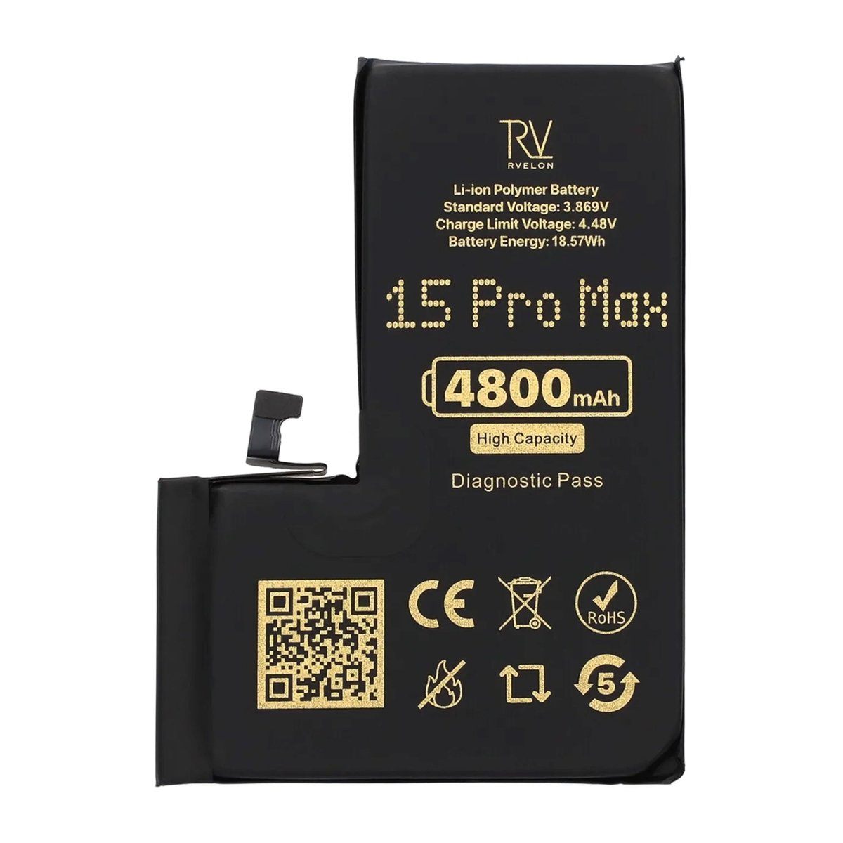 Rvelon Batteri for iPhone 15 Pro Max – 4800 mAh høy kapasitet