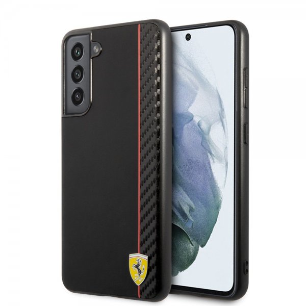 Ferrari Samsung Galaxy S21 FE Deksel Vertical Stripe Metal Logo Svart