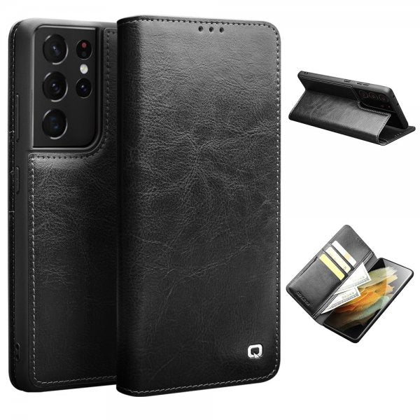 Qialino Samsung Galaxy S21 Ultra Etui Ekte Skinn Svart