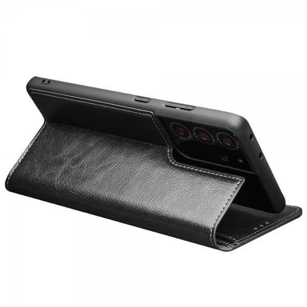 Qialino Samsung Galaxy S21 Ultra Etui Ekte Skinn Svart