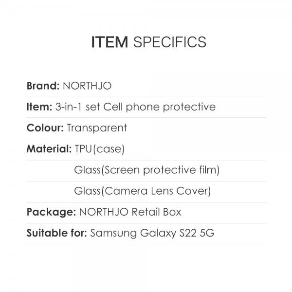 Northjo Samsung Galaxy S22 Deksel med Skjermbeskytter og Kamerabeskytter 3-i-1