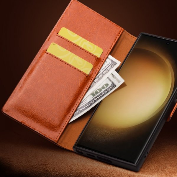 Qialino Samsung Galaxy S23 Etui Ekte Skinn Mørkebrun