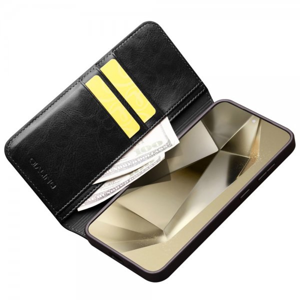 Qialino Samsung Galaxy S24 Plus Etui Ekte skinn Kortlommer Svart