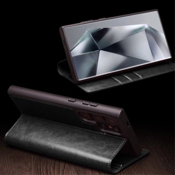 Qialino Samsung Galaxy S24 Ultra Etui Ekte Skinn Svart