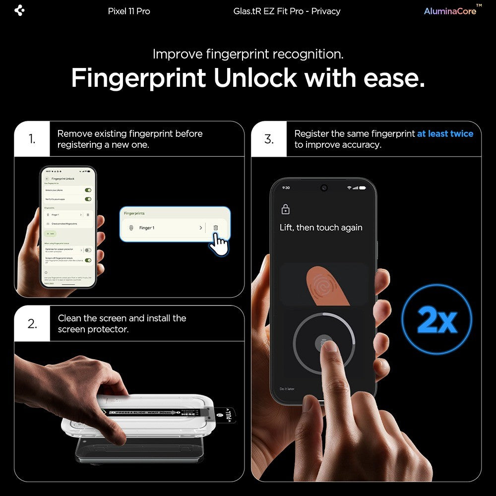 Spigen Google Pixel 9 Pro/10 Pro/11 Pro Skärmskydd GLAS.tR EZ Fit Pro Privacy 2-pack