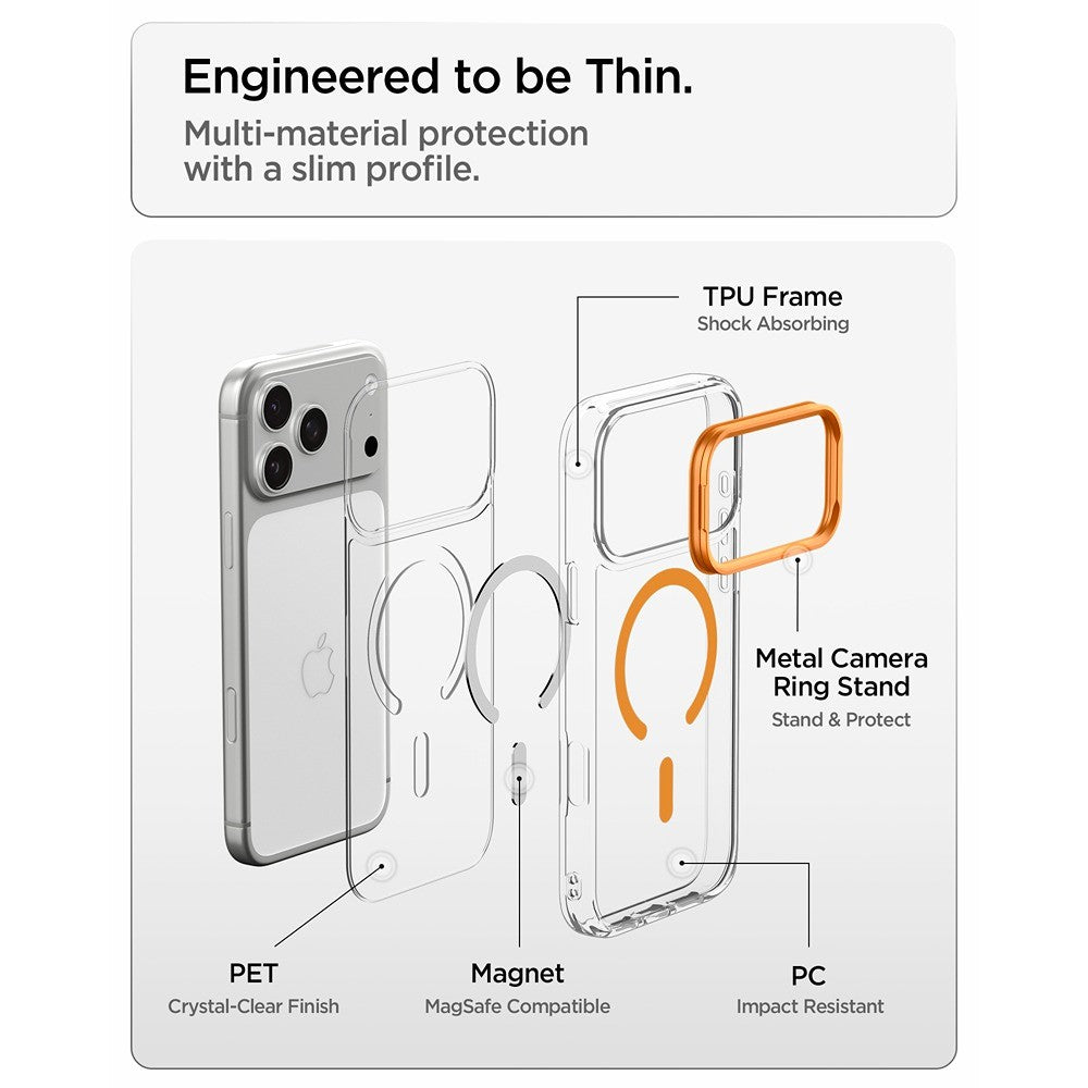 Spigen iPhone 17 Pro Max/iPhone 18 Pro Max Deksel Ultra Hybrid Optik S MagFit Clear Oransje