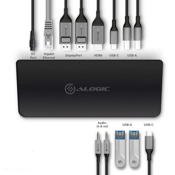 ALOGIC USB-C og USB 3.0 Trippel Display dokkingstasjon 4K & strømforsyning 80W