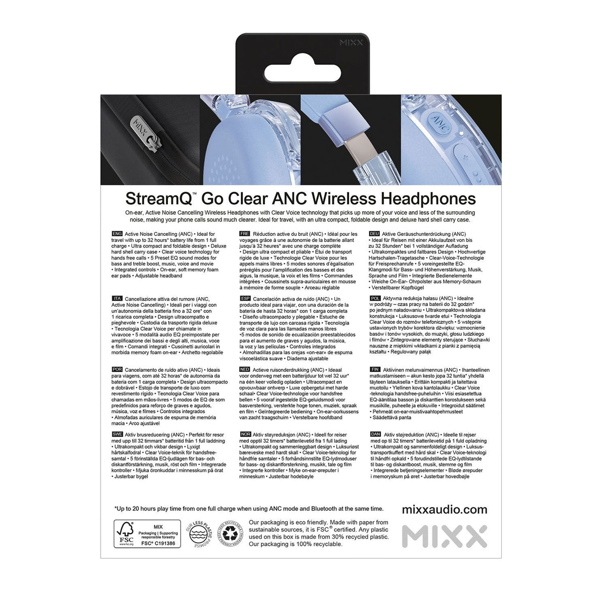 Mixx Trådløse On-Ear Hodetelefoner StreamQ Go ANC Clear Blå