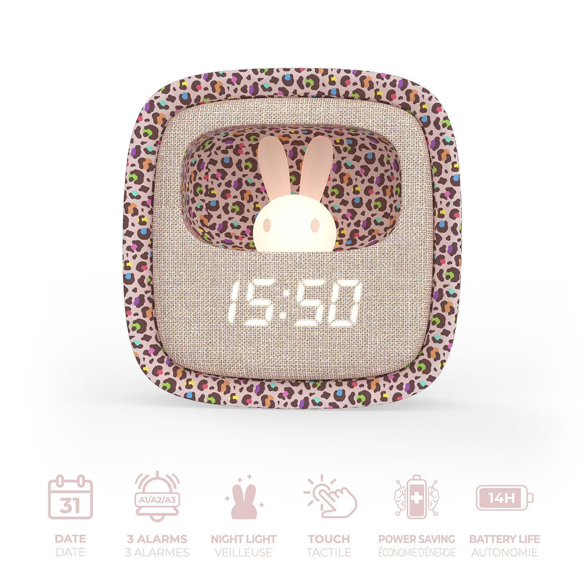 Mobility on Board Vækkeklokke med Nattlampe Billy Clock Rainbow Leopard
