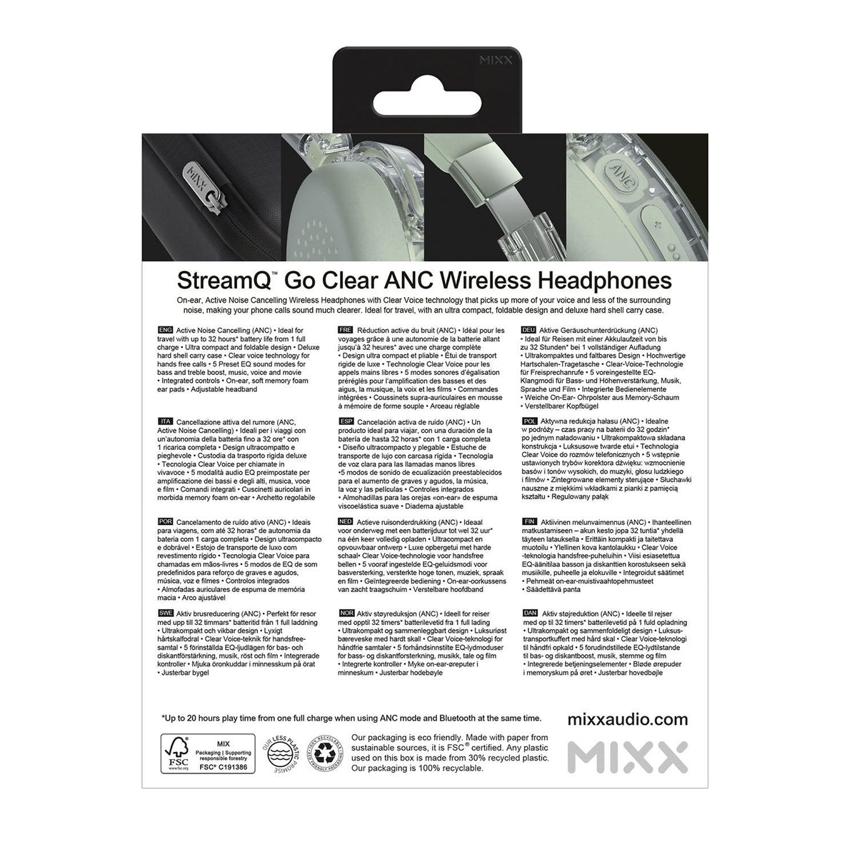 Mixx Trådløse On-Ear Hodetelefoner StreamQ Go ANC Clear Grønn