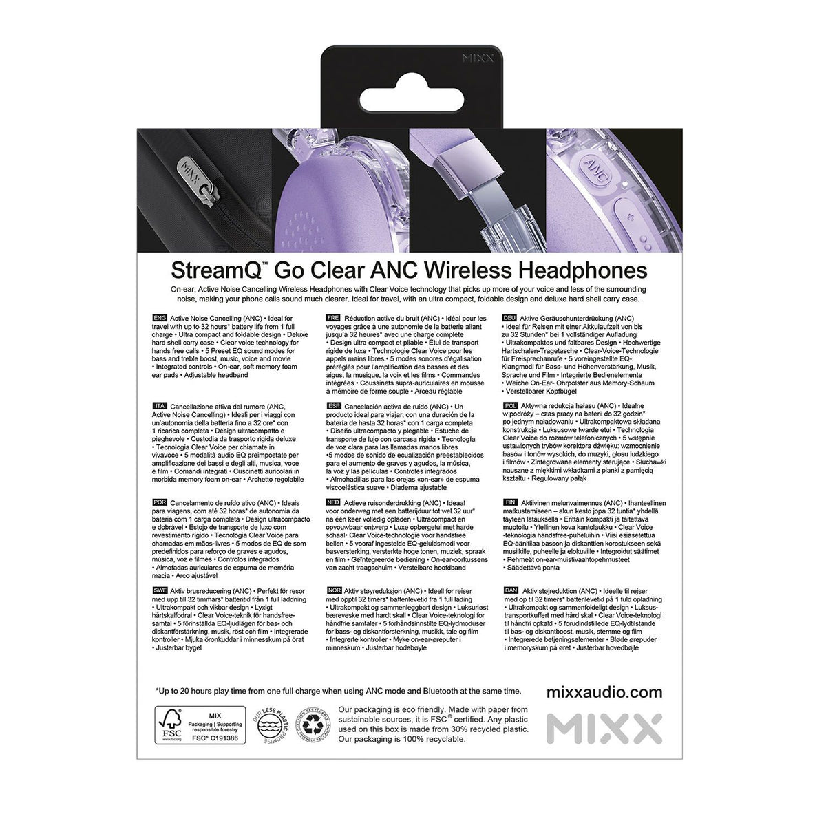 Mixx Trådløse On-Ear Hodetelefoner StreamQ Go ANC Clear Lilla