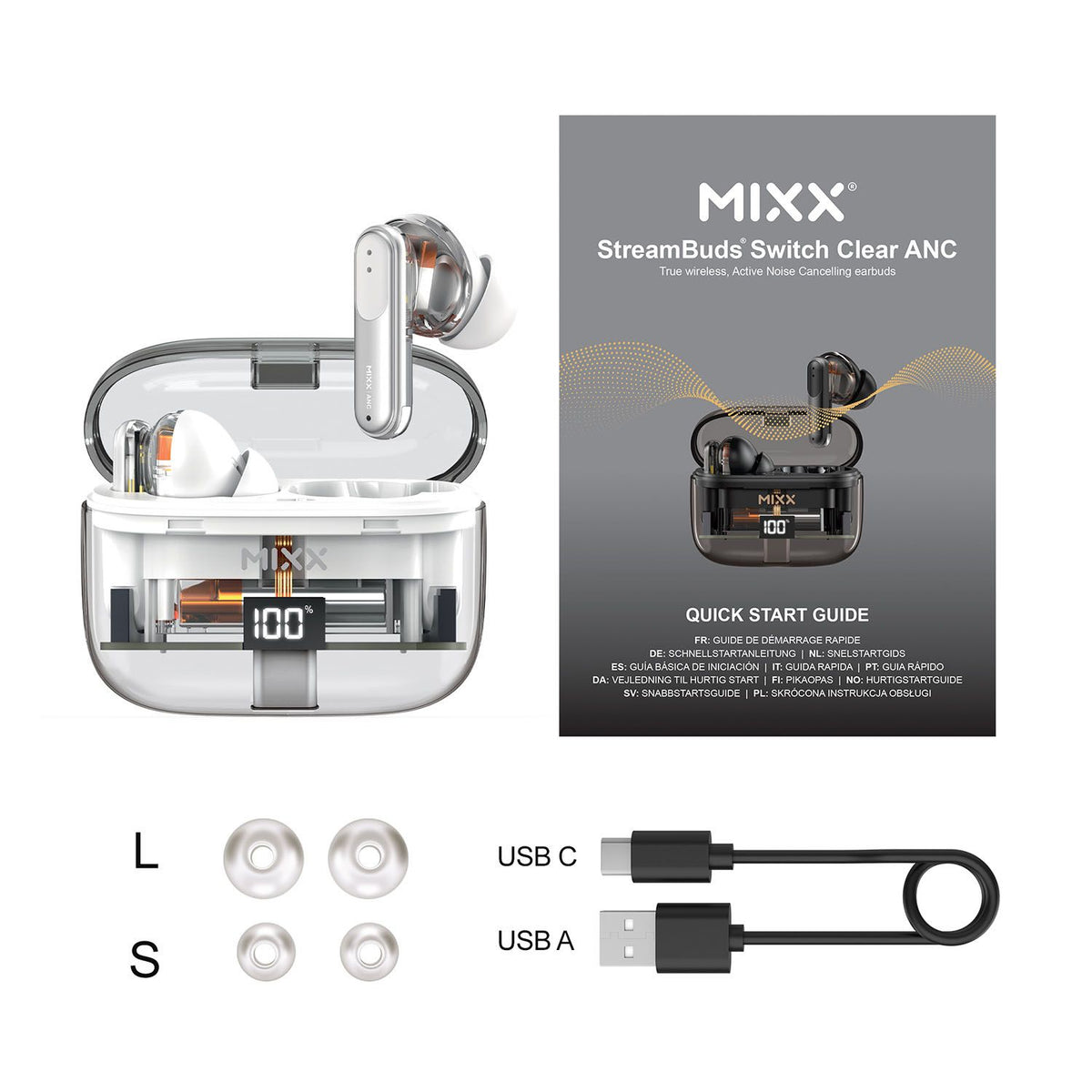 Mixx Trådløse Hodetelefoner StreamBuds Switch Clear ANC Hvit