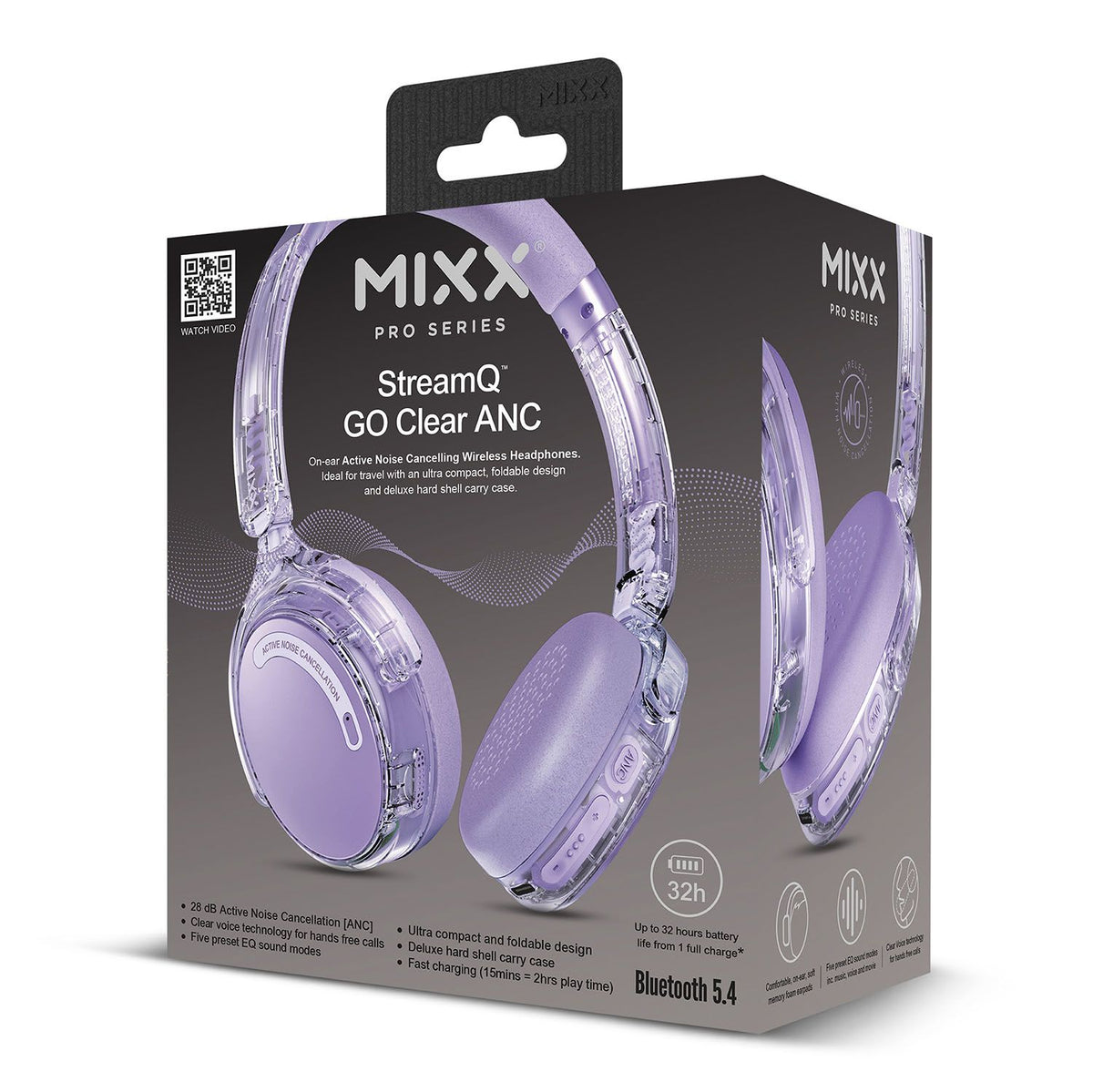 Mixx Trådløse On-Ear Hodetelefoner StreamQ Go ANC Clear Lilla