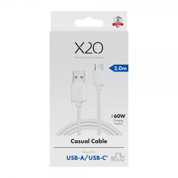 X2O USB-A til USB-C Kabel Basic 60W 2m Hvit