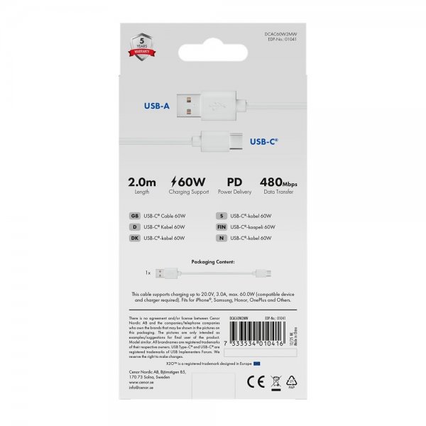 X2O USB-A til USB-C Kabel Basic 60W 2m Hvit