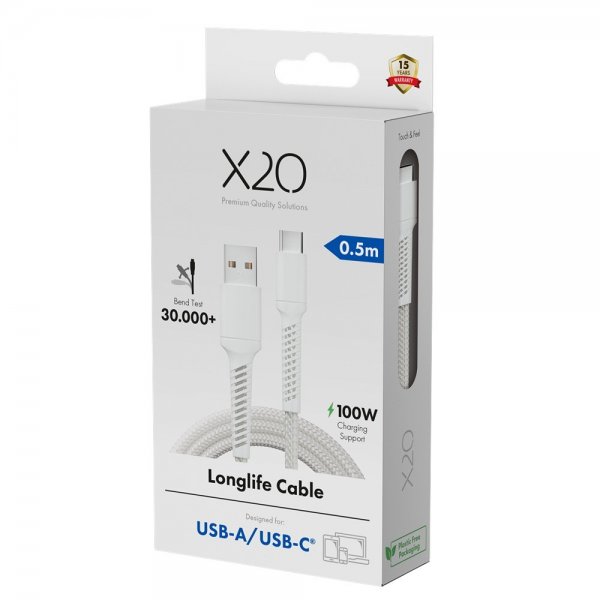 X2O USB-A til USB-C Kabel Longlife 60W 0.5m Hvit