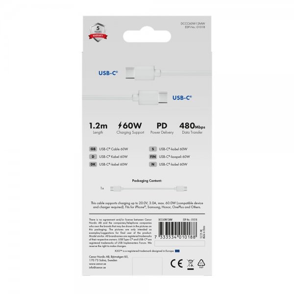X2O USB-C til USB-C Kabel Basic 60W 1.2m Hvit