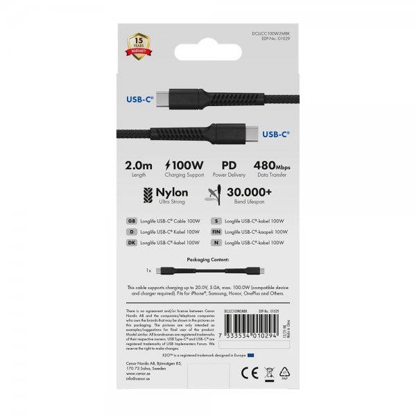 X2O USB-C til USB-C Kabel Longlife 100W 2m Svart