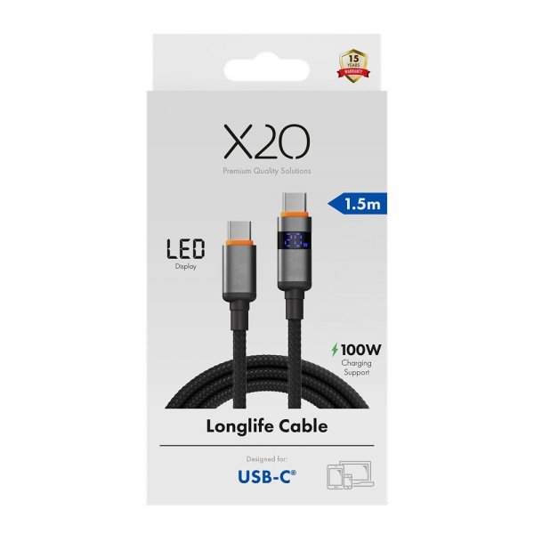 X2O USB-C til USB-C Kabel Longlife LED Display 100W 1.5m Svart
