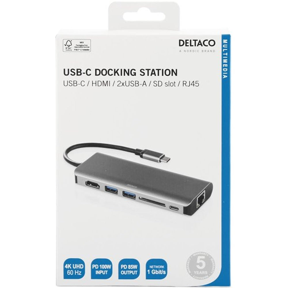 Deltaco Dockingstation USB-C med HDMI/RJ45/USB-A Rymdgrå