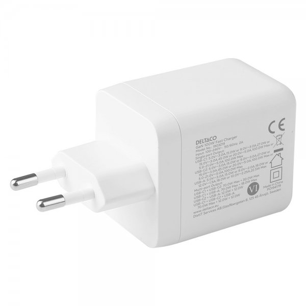 Deltaco Vegg Lader GaN 1x USB-A 2x USB-C PPS 100W