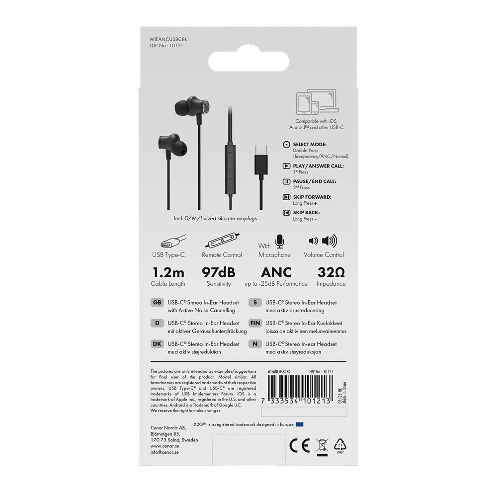 X2O Trådade Hodetelefoner USB-C Silicone In-Ear ANC 1.2m Svart