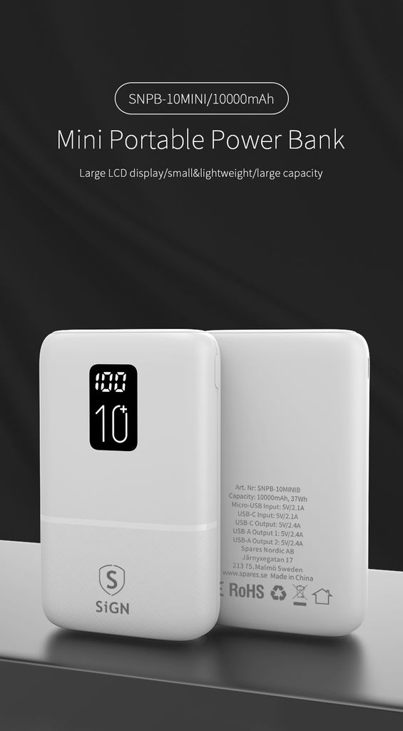 SiGN Mini Powerbank med Display 10 000mAh Hvit