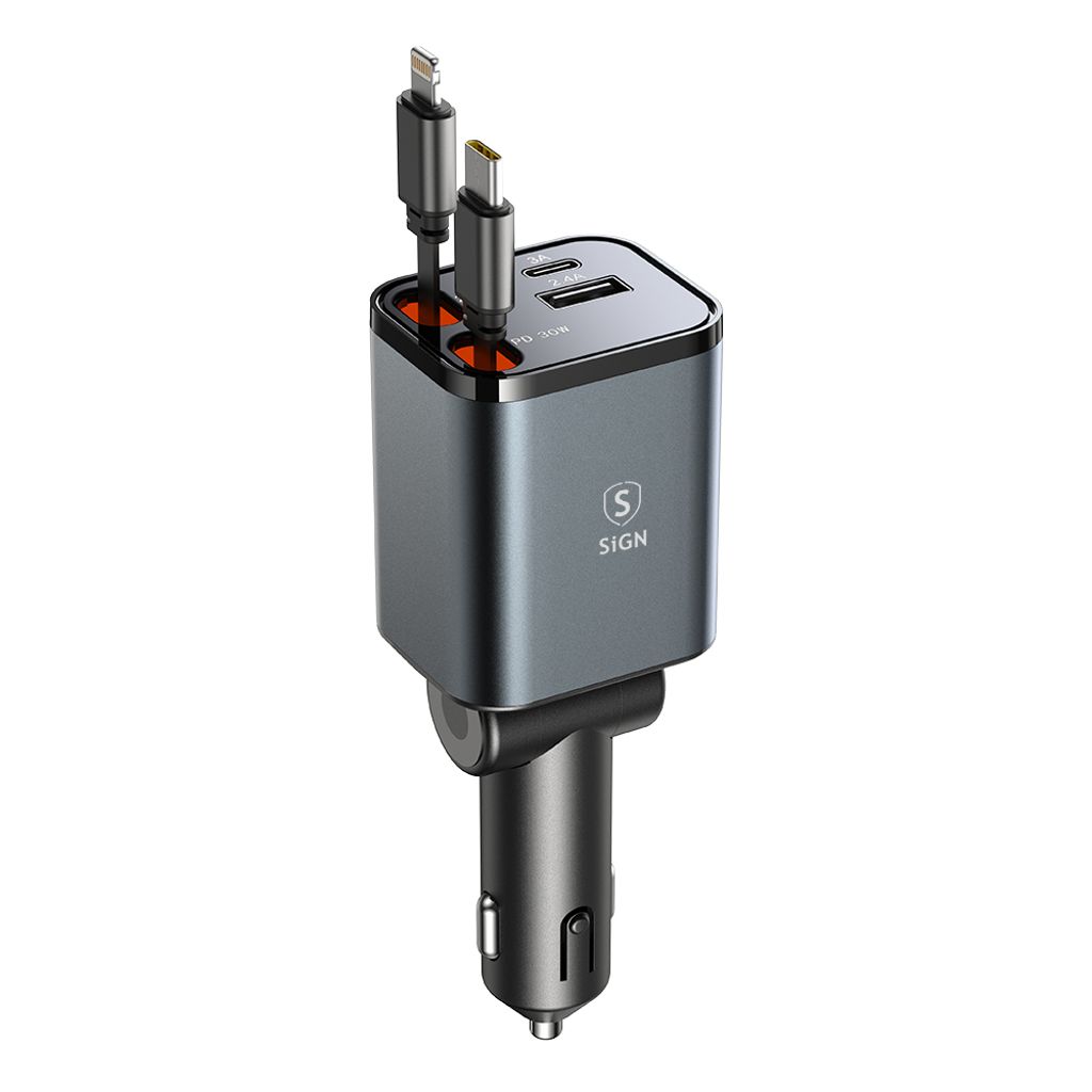 SiGN 4-i-1 mobillader til bil med uttrekkbare USB-C/Lightning-kabler 45W