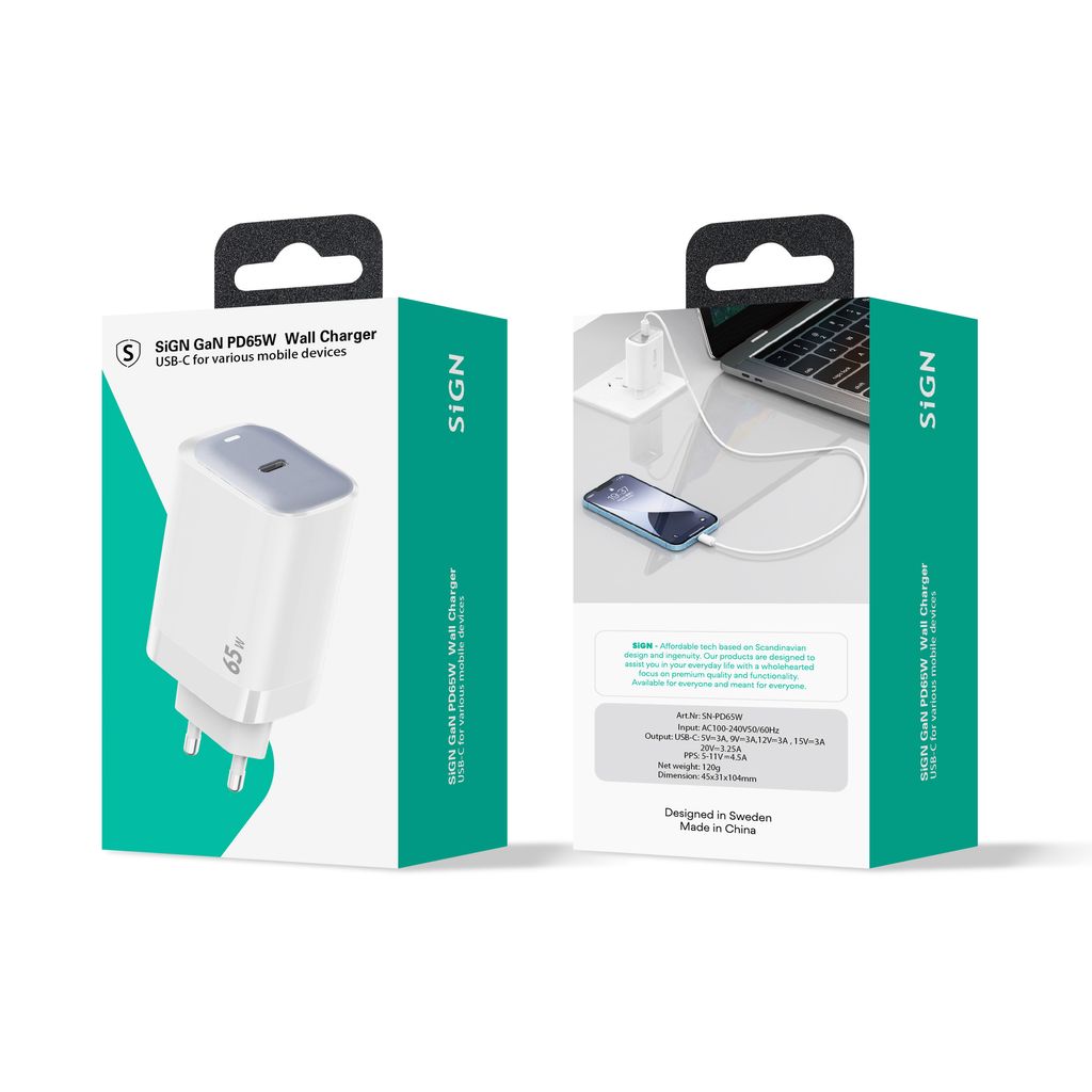 SiGN 65W Snabbladdare USB-C PD Hvit