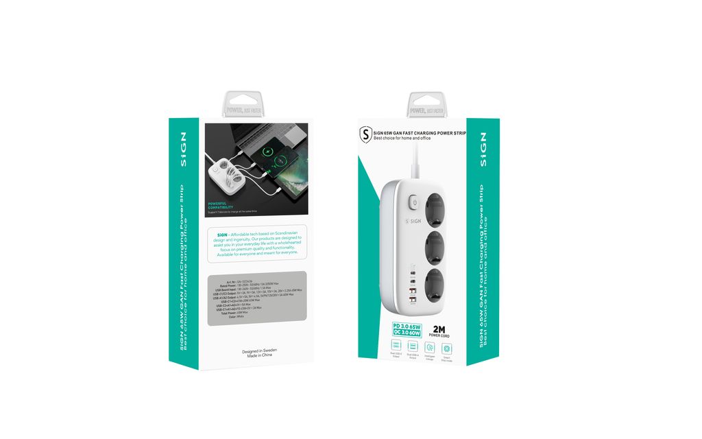 SiGN 3-vägs Grenuttag med 65W GaN snabbladdning 2m
