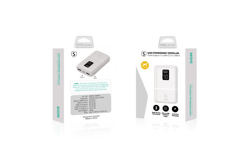 SiGN Mini Powerbank med Display 10 000mAh Hvit