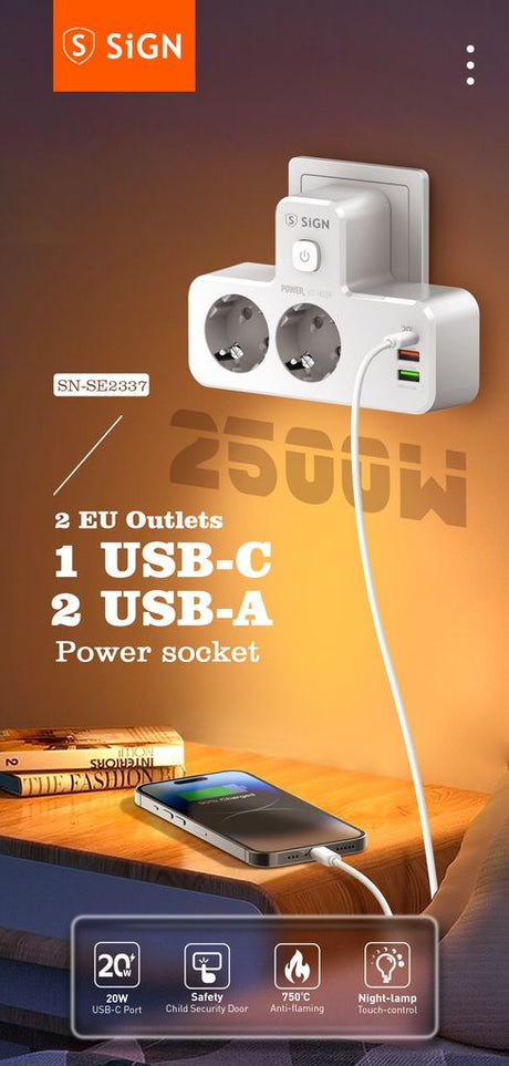 SiGN 2-vägs Grenuttag med LED-nattlampa 20W USB-A/USB-C