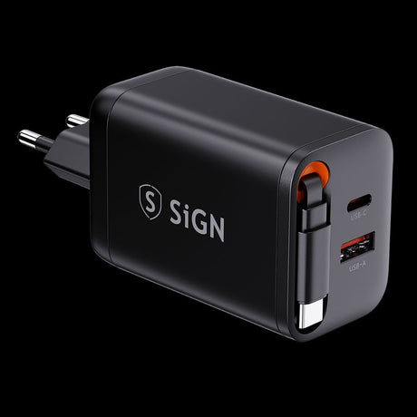 SiGN 65W Snabbladdare GaN med utdragbar USB-C kabel Svart