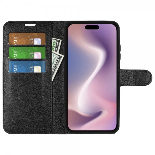 iPhone 16 Etui Litchi Svart