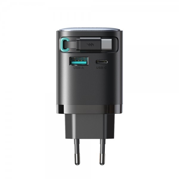 Joyroom 65W vegglader med innebygd USB-kabel og USB-A/USB-C-porter svart