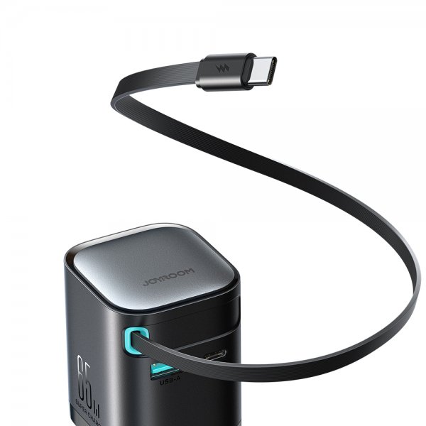 Joyroom 65W vegglader med innebygd USB-kabel og USB-A/USB-C-porter svart