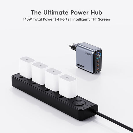 SiGN 140W Snabbladdare med Display 3xUSB-C/1xUSB-A Grå