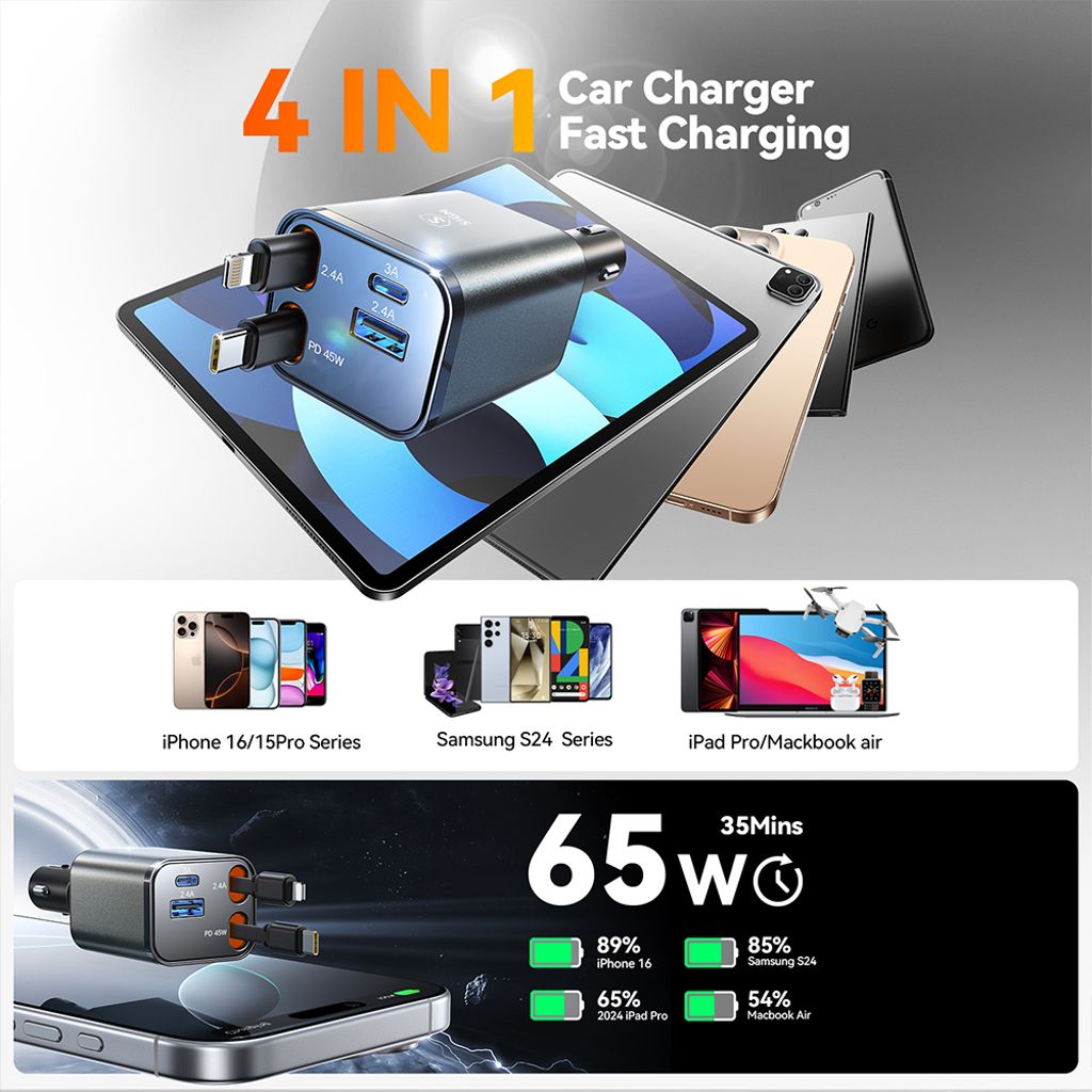SiGN 4-i-1 mobillader til bil med uttrekkbare USB-C/Lightning-kabler 45W