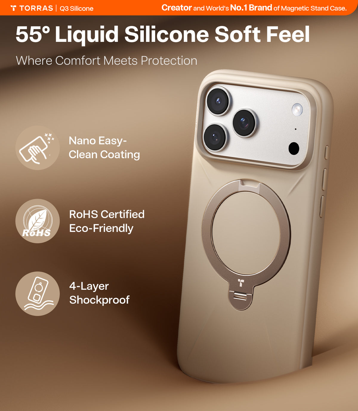 Torras iPhone 17 Pro Deksel Ostand Q3 Silicone Desert Gold
