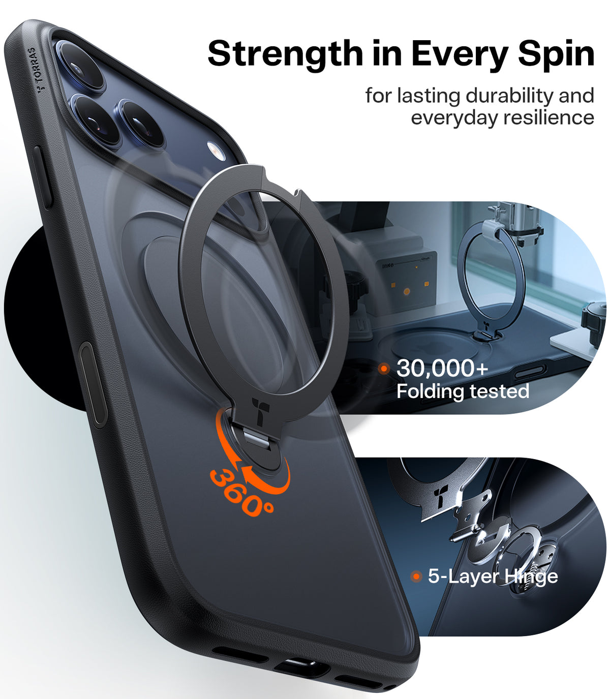Torras iPhone 17 Pro Max Deksel Ostand Q3 Spin Obsidian Black