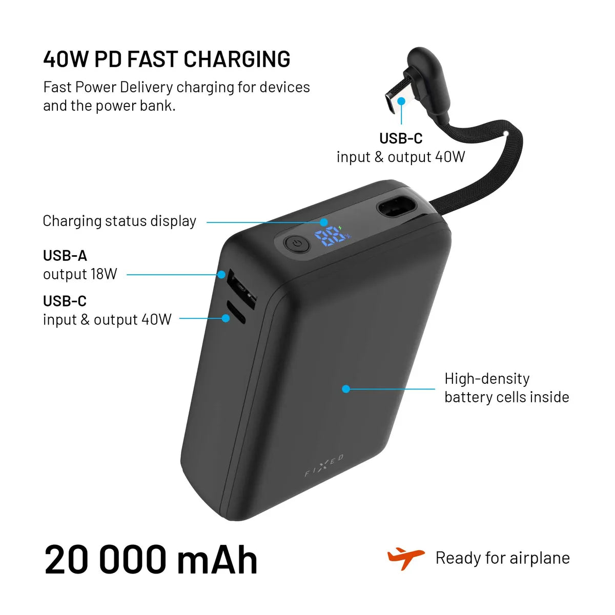 Fixed Zen 20 Loop Powerbank med innebygd USB-C kabel 40W
