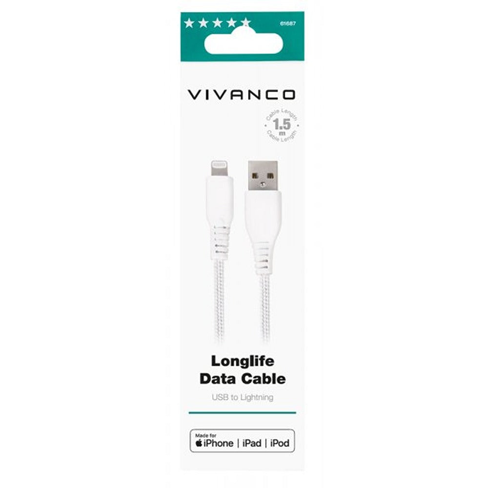 Vivanco Kabel Longlife Braided USB-A/Lightning 1.5m Hvit