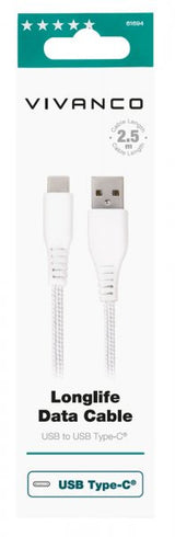 Vivanco Kabel Longlife Braided USB-A/USB-C 2.5m Hvit