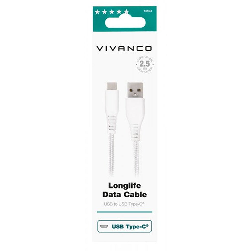 Vivanco Kabel Longlife Braided USB-A/USB-C 2.5m Hvit